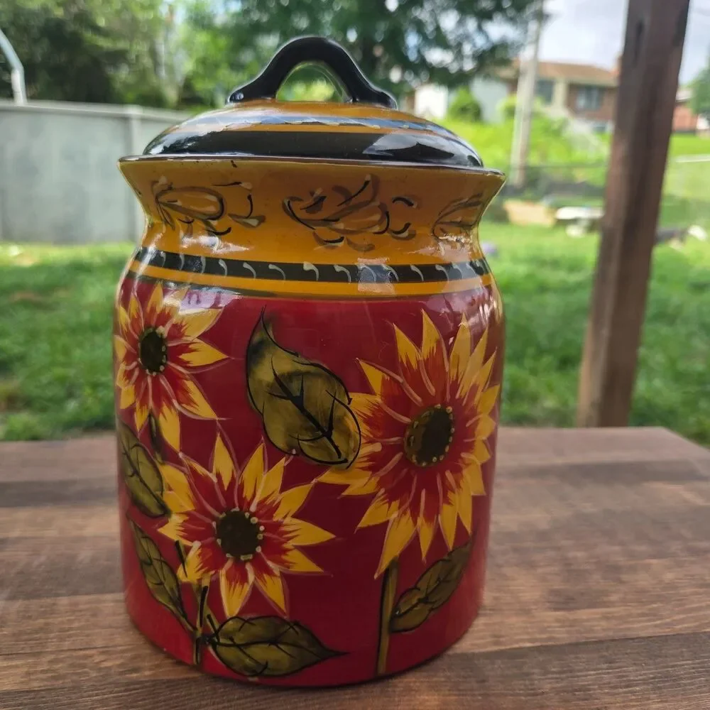 Pier 1 Imports Sunflower Lidded Canister NWT Hand Painted Terracotta